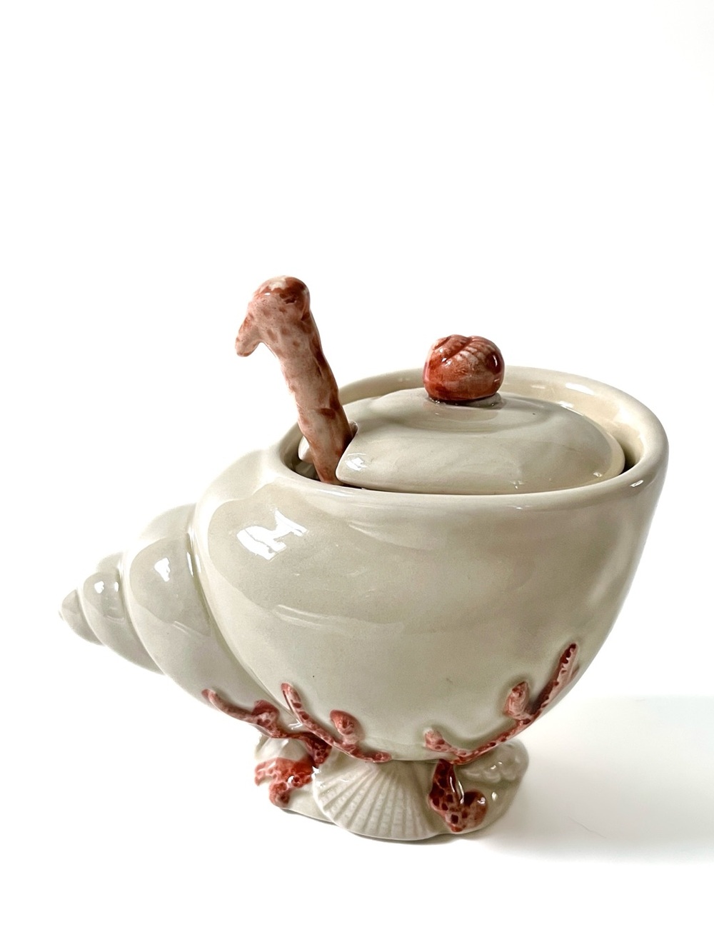 Fitz & Floyd OCEANA Hand Painted Sugar Bowl & Spoon Sea Shells Beach Decor